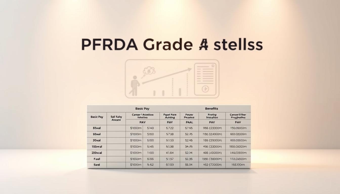 A detailed infographic showcasing the salary structure and benefits for PFRDA Grade A officers, set against a clean, professional backdrop. In the foreground, a meticulously rendered table outlines the basic pay, grade pay, and various allowances, presented with precision and clarity. The middle ground features a subtle visualization of the career progression and promotion opportunities, complemented by icons and charts. The background adopts a muted color palette, accentuating the key information while maintaining a polished, corporate aesthetic. Soft, directional lighting casts a warm glow, creating depth and highlighting the well-organized layout. The overall composition conveys a sense of authority, transparency, and attention to detail, befitting the subject matter.