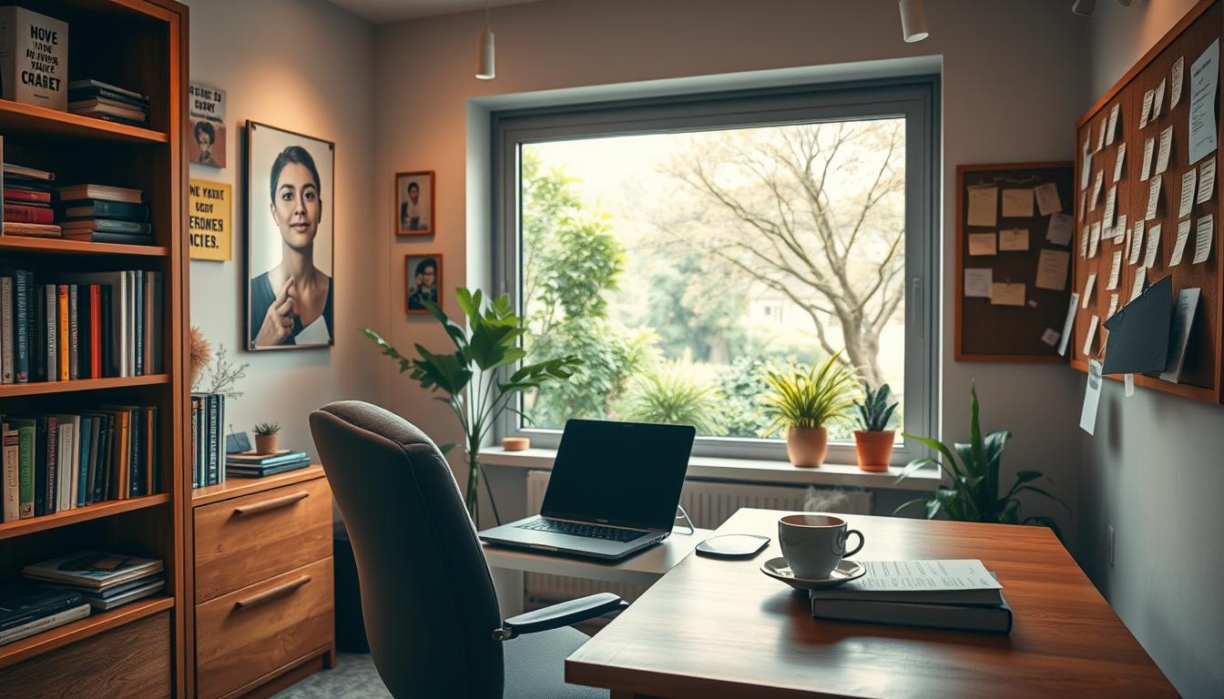 A cozy study room with a wooden desk, bookshelves, and a comfortable chair. On the desk, there is a laptop, some textbooks, and a cup of steaming tea. The walls are adorned with motivational posters and a corkboard filled with notes and reminders. The lighting is warm and focused, creating a productive and contemplative atmosphere. A large window in the background offers a view of a serene garden, providing a sense of balance and inspiration. The overall scene conveys a focused, diligent, and well-organized approach to PFRDA exam preparation.