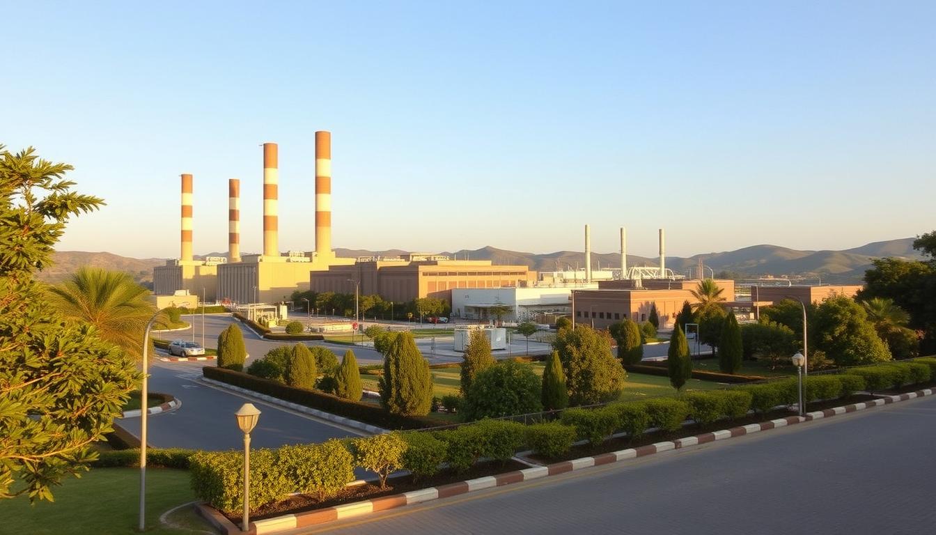 A modern, sleek power generation facility of Gujarat State Electricity Corporation Limited (GSECL), with towering chimneys and turbine halls nestled amidst lush greenery. The scene is bathed in warm, golden sunlight, casting long shadows across the well-manicured grounds. In the foreground, a paved driveway leads to the main entrance, flanked by neatly trimmed hedges and decorative lighting fixtures. The middle ground showcases the plant's impressive scale, with several large industrial buildings housing the generators and control rooms. The background features rolling hills and a clear, azure sky, creating a sense of harmony between the man-made structures and the natural environment.