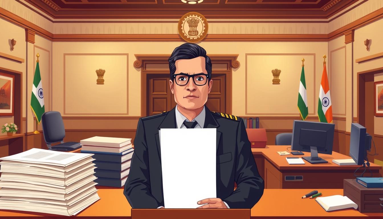 A detailed illustration showcasing the official duties and responsibilities of an IBPS Hindi Officer. The foreground depicts the officer in a focused, professional pose, dressed in formal attire and standing at a podium. The middle ground features a stack of official documents, a desktop computer, and other office equipment, conveying the administrative nature of the role. The background presents a formal, government-style office setting with ornate architectural elements and Indian national symbols, establishing the context. The lighting is warm and directional, creating depth and highlighting the subject. The overall mood is one of seriousness, authority, and attention to detail, befitting the gravity of the position.