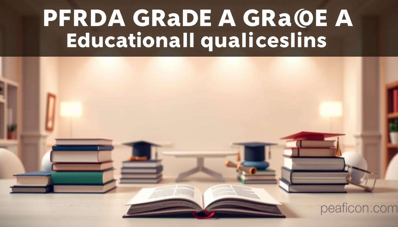 Detailed image of PFRDA Grade A educational qualifications, showcasing a clean, formal layout with a soft, neutral color palette. In the foreground, a central textbook or diploma document floats against a blurred background, highlighting the key academic credentials required. The middle ground features stacks of books, graduation caps, and other academic symbols in muted tones, creating a sense of scholarly atmosphere. The background depicts a minimalist office or classroom setting, with subtle lighting and elegant architectural elements that convey a professional, institutional ambiance. Overall, the image should project a tone of prestige, rigor, and educational excellence aligned with the PFRDA recruitment guidelines.