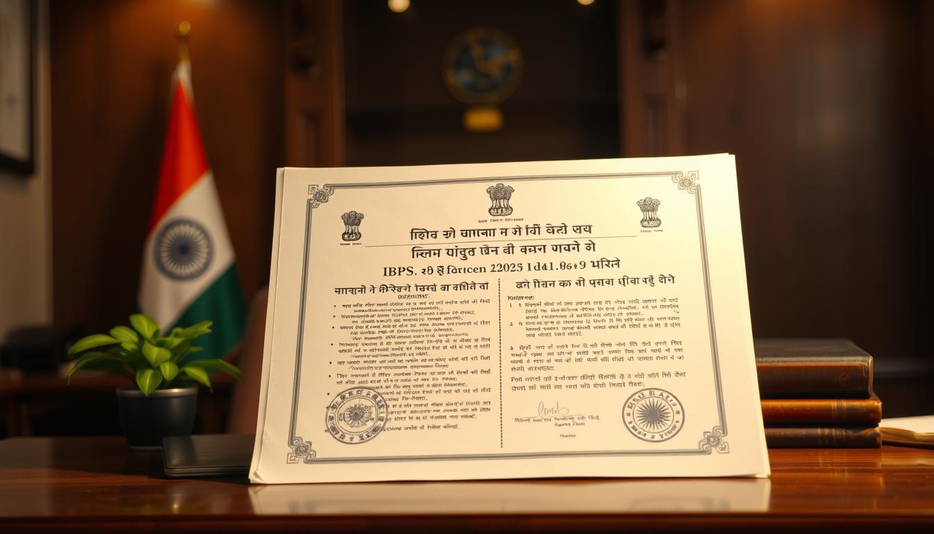 A detailed and formal document displayed on a wooden desk, illuminated by warm, directional lighting. The document showcases the official "IBPS सेवा बांड और हिंदी अधिकारी अनुबंध" with intricate designs and official seals. The background features a blurred, classic office setting with a potted plant and a subtle Indian flag motif, conveying a sense of professionalism and government authority. The overall composition emphasizes the importance and legality of the service bond and officer contract, fitting the subject of "IBPS Hindi Officer Recruitment 2025" and the section title "सेवा बांड और अनुबंध की शर्तें".
