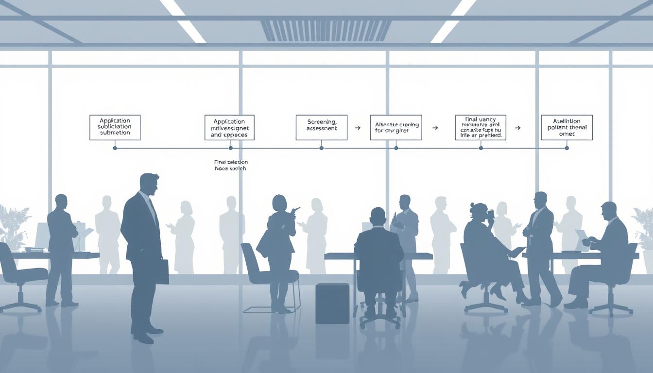 A detailed, high-resolution illustration of the AAICLAS selection process, featuring a meticulously designed workflow diagram in the foreground, with a clean, minimalist aesthetic. The diagram should showcase the various stages of the recruitment process, such as application submission, screening, assessments, interviews, and final selection, presented in a clear and intuitive manner. The middle ground should include silhouettes of candidates participating in the different stages, conveying a sense of activity and engagement. The background should depict a modern, professional office environment, with clean lines, muted colors, and subtle lighting to create a calm, authoritative atmosphere. The overall composition should strike a balance between informative clarity and aesthetic appeal, effectively communicating the key details of the AAICLAS selection process.