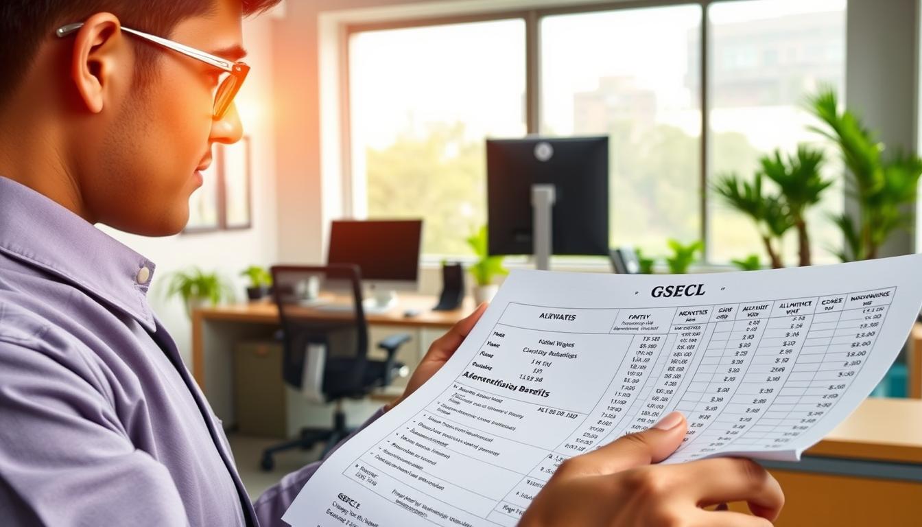 A vibrant office scene showcasing the GSECL (Gujarat State Electricity Corporation Limited) salary and benefits package. In the foreground, a smartly dressed employee reviews a detailed pay slip, with neat columns highlighting monthly wages, allowances, and deductions. The middle ground features an ergonomic workstation with a sleek desktop computer, a neatly organized desk, and potted plants, conveying a modern and professional atmosphere. In the background, a large window provides ample natural light, casting a warm glow across the scene and hinting at the broader organizational context. The overall mood is one of clarity, competence, and employee satisfaction, capturing the essence of the "वेतनमान और अन्य लाभ" section.