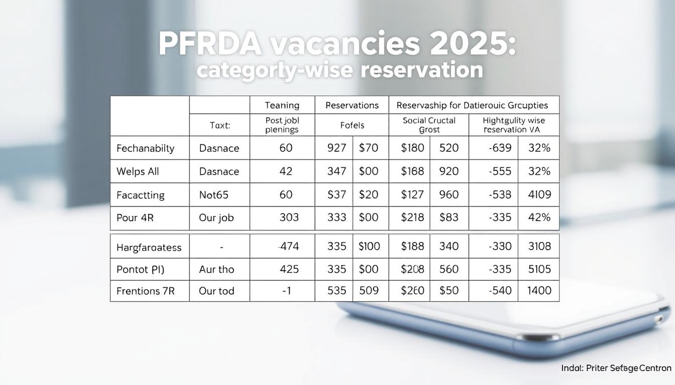 A detailed tabular infographic depicting the "PFRDA vacancies 2025 category-wise reservation" against a clean, professional background. The table showcases the various job roles, the total number of openings, and the corresponding reservation percentages for different social groups. Utilize a clean, minimalist design with a neutral color palette, high-quality vector graphics, and a sense of visual harmony. Ensure the overall composition is balanced, informative, and visually appealing to complement the article's subject matter.