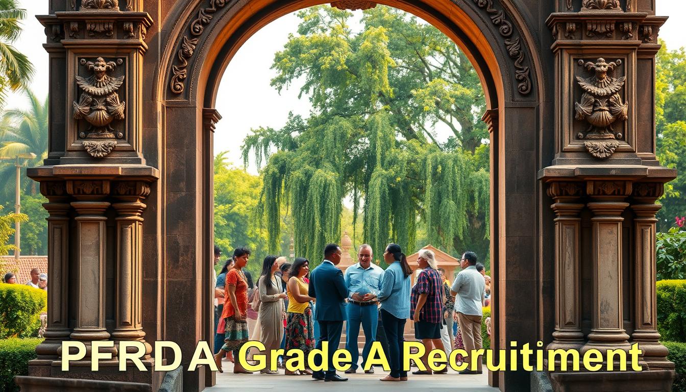 A large, ornate stone archway stands prominently in the foreground, its intricate carvings and weathered texture evoking a sense of timeless grandeur. Through the archway, a lush, verdant garden unfolds, its vibrant colors and cascading foliage creating a serene and inviting atmosphere. In the middle ground, a group of people of varying ages are gathered, engaged in animated discussions, representing the diverse range of applicants for the PFRDA Grade A Recruitment. The background is softly blurred, allowing the focus to remain on the archway and the people, creating a sense of depth and focus. The lighting is warm and natural, casting a gentle glow over the scene and highlighting the details of the architecture and the faces of the individuals. The overall composition conveys a sense of opportunity, inclusion, and the timeless tradition of public service embodied by the PFRDA.