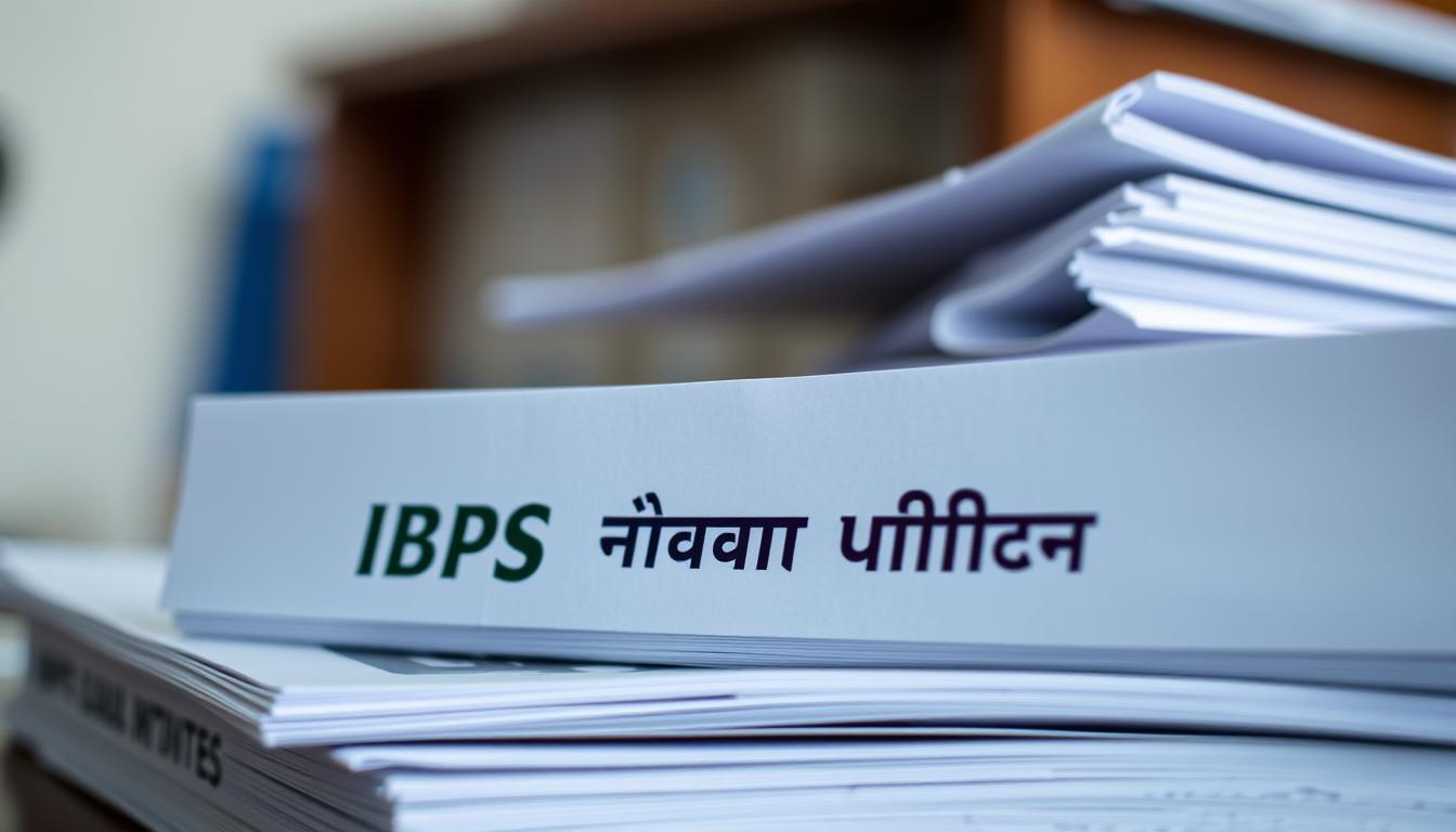 A high-resolution, detailed close-up image of a stack of official government documents labeled "IBPS हिंदी अधिकारी दस्तावेज" (IBPS Hindi Officer Documents), shot in natural lighting with a shallow depth of field. The documents are neatly organized, with a professional, authoritative appearance. The background is slightly blurred, emphasizing the focus on the important paperwork. The overall mood is one of seriousness and attention to detail, reflecting the official nature of the required documents for the IBPS Hindi Officer recruitment process.
