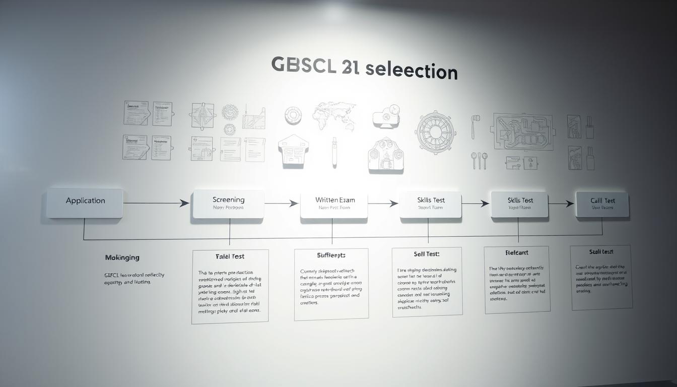 A detailed technical diagram depicting the GSECL selection process. In the foreground, a flow chart with clean, minimalist graphics outlines the various stages - application, screening, written exam, skills test, and final selection. The middle ground features engineering diagrams, blueprints, and technical schematics, alluding to the technical nature of the GSECL Instrument Mechanic role. The background is a soft, neutral gradient, allowing the key information to take center stage. The overall mood is professional, informative, and focused, with a subdued color palette complementing the technical subject matter. Crisp lighting from the side casts subtle shadows, emphasizing the 3D elements. Camera angle is slightly elevated, giving a comprehensive view of the selection process.