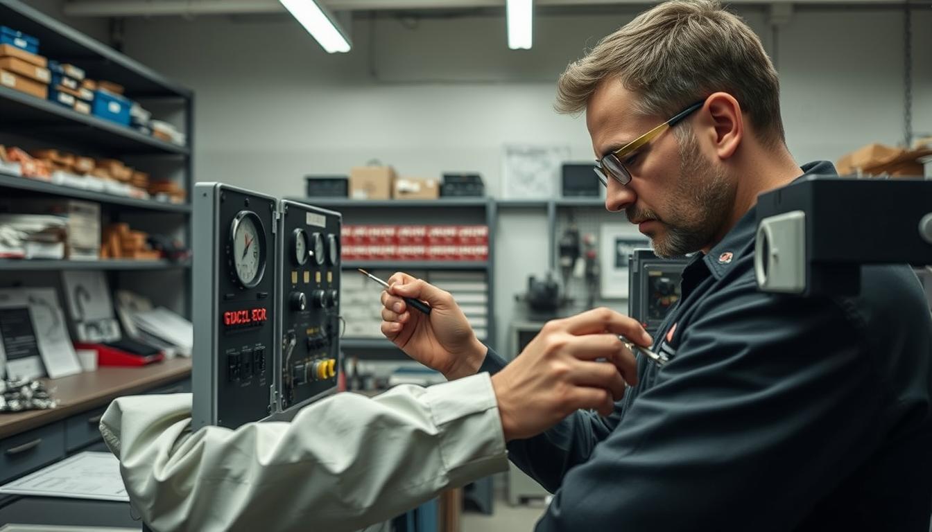 A well-lit workshop interior, with a focused GSECL instrument mechanic diligently inspecting and repairing a complex instrument panel. Detailed close-ups showcase the mechanic's skilled hands manipulating precision tools, calibrating gauges, and meticulously troubleshooting electrical components. The background features organized workbenches, shelves of spare parts, and technical diagrams, conveying a sense of professionalism and attention to detail. Neutral tones and soft shadows create a calm, concentrated atmosphere, emphasizing the mechanic's dedication to their craft and the importance of their role in maintaining critical GSECL equipment.