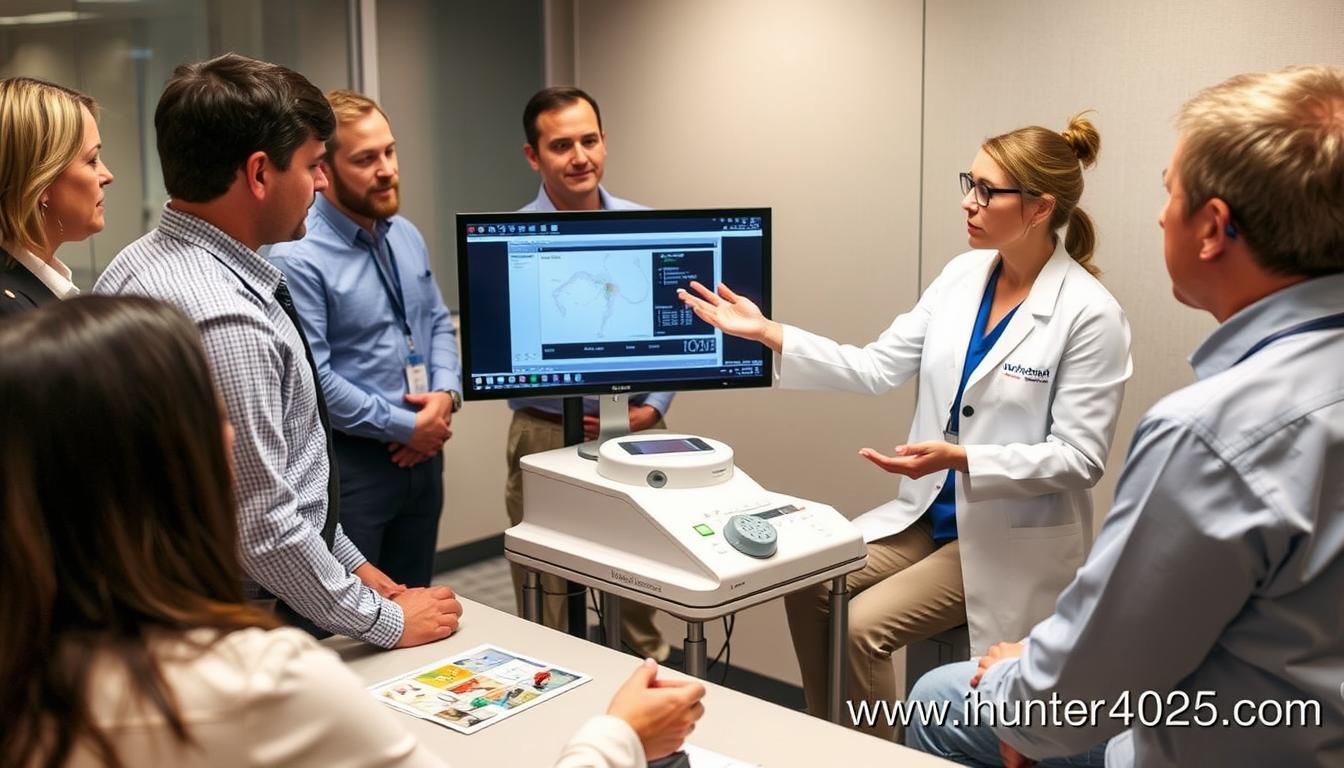 Nutritionist demonstrating Metatron Hunter 4025 NLS to colleagues
