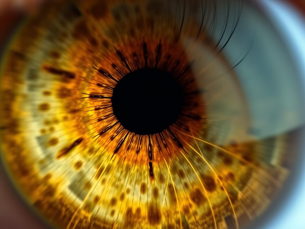 Close-up of hazel/green iris showing liver zone markings according to iridology