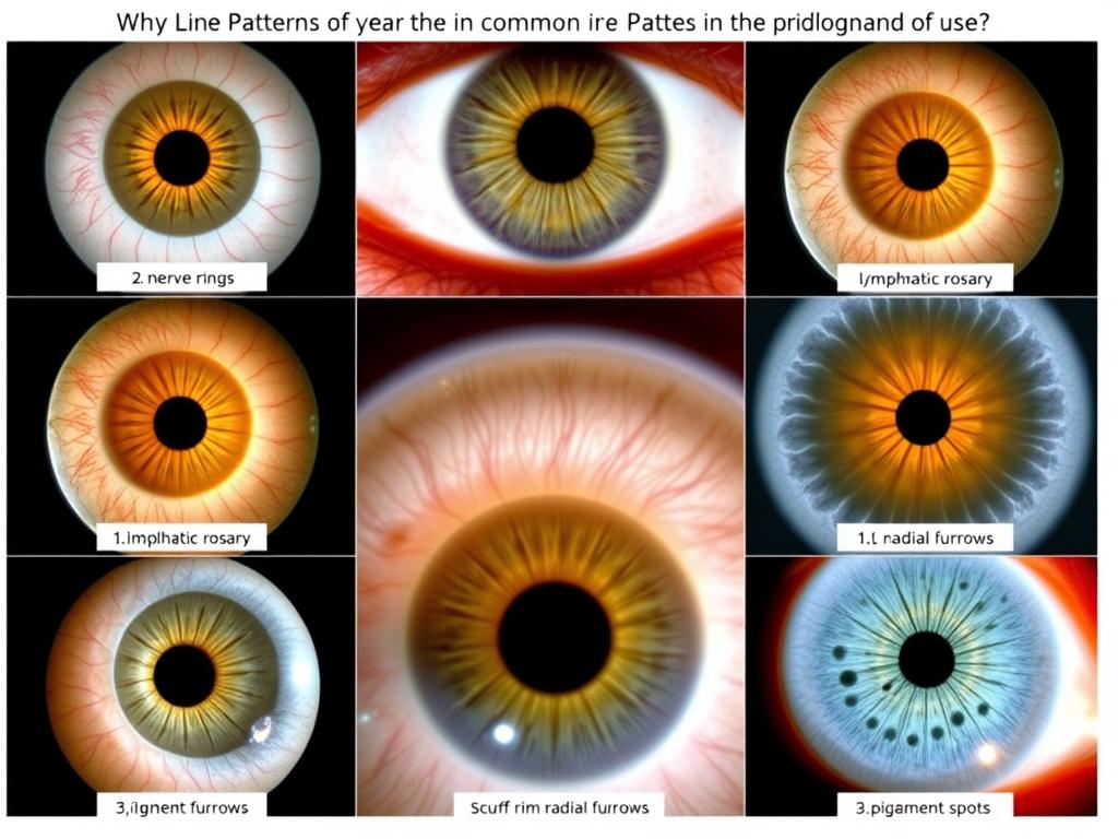 Collection of common iris patterns identified in Iridology Iris Diagnosis with their meanings