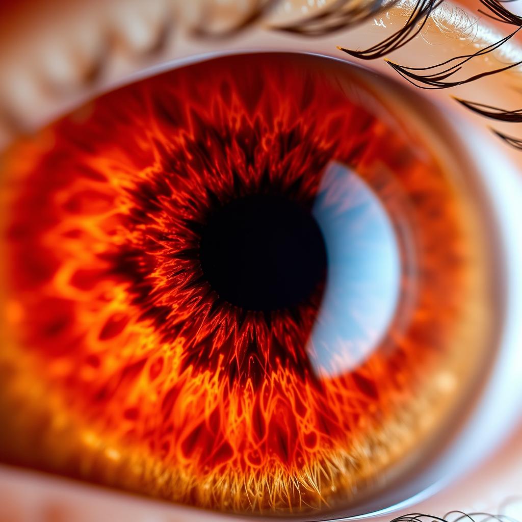Hematogenic type iris with reddish-brown coloration and dense fibers