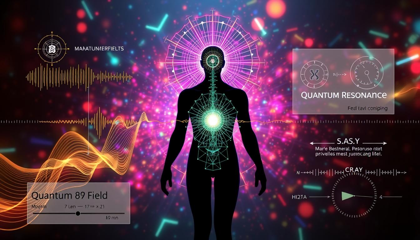 Visualization of quantum resonance principles showing energy fields around human body