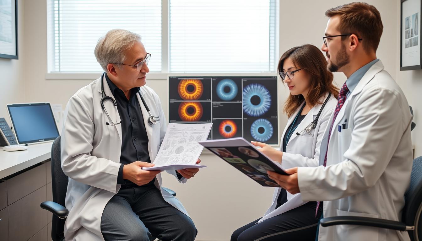 Medical professional and iridologist collaborating on patient care, representing integrated approach