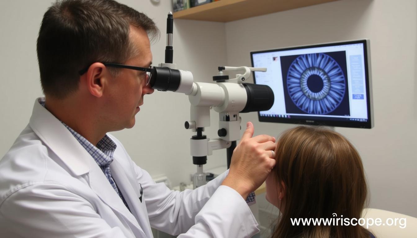 Professional iridologist analyzing Eye Rings with client
