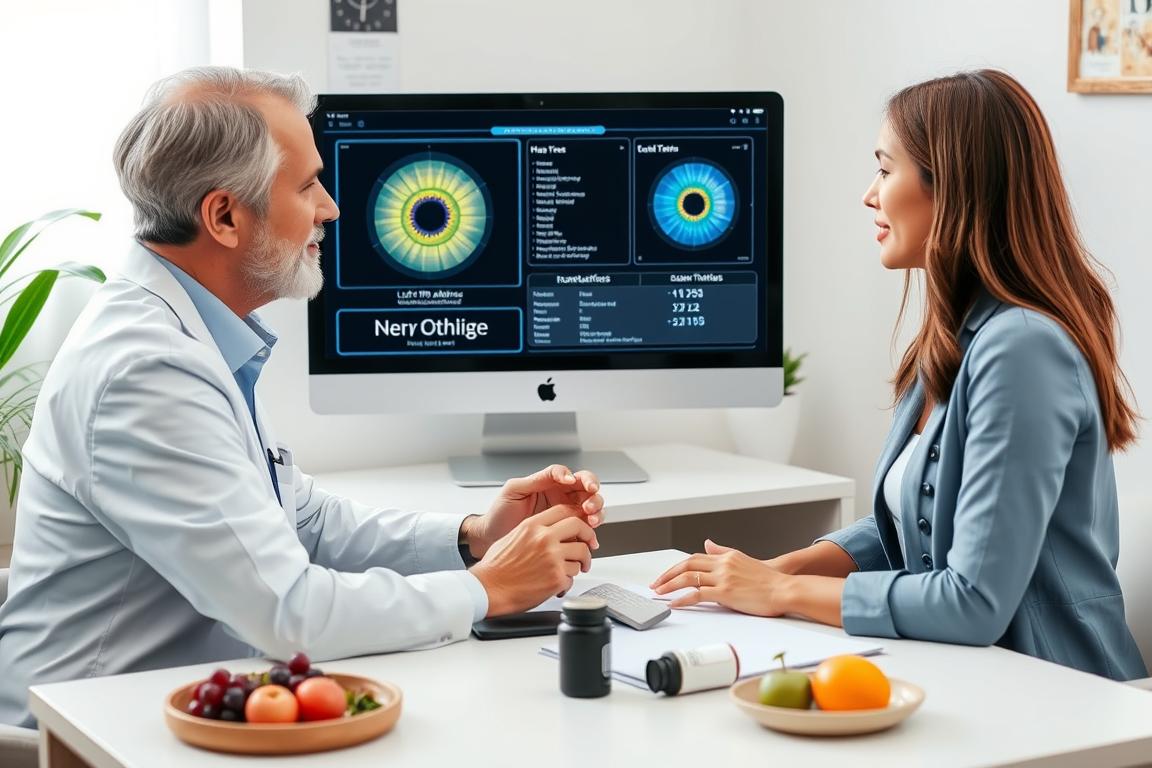 Holistic health practitioner integrating left iris analysis with nutritional counseling