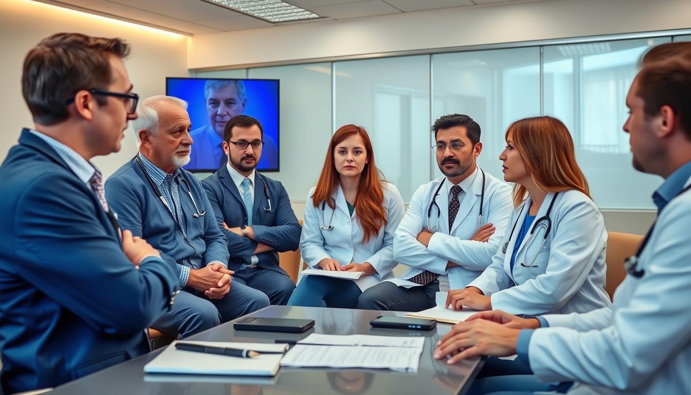Medical professionals discussing iridology findings with mixed opinions