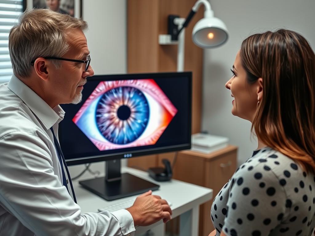 Iridologist consulting with a client and explaining iris patterns on a digital display