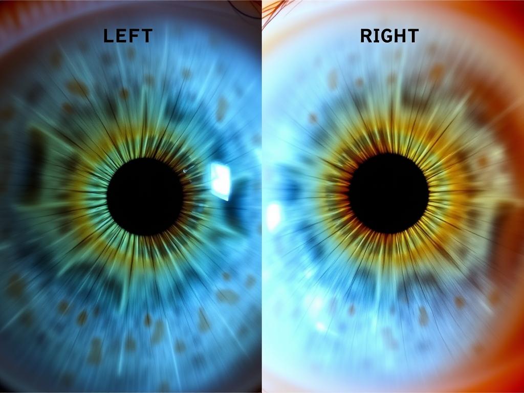 Comparison of left and right iris patterns in Iridology Iris Diagnosis showing different health indicators