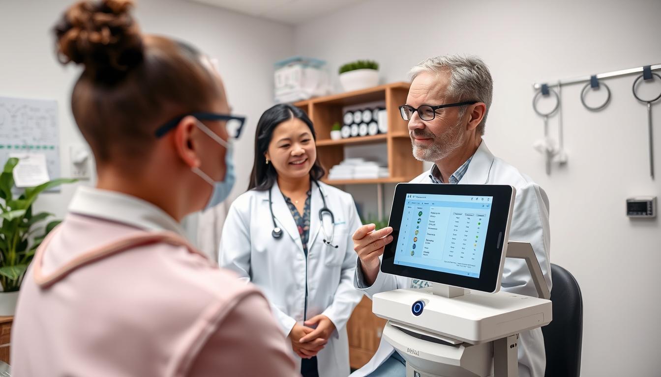 Healthcare professional using quantum analyzer in preventive healthcare setting