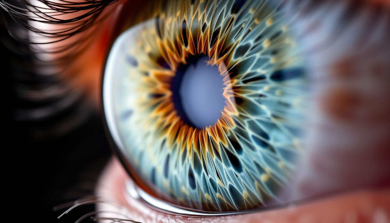 Close-up of human iris showing detailed patterns and iris color variations