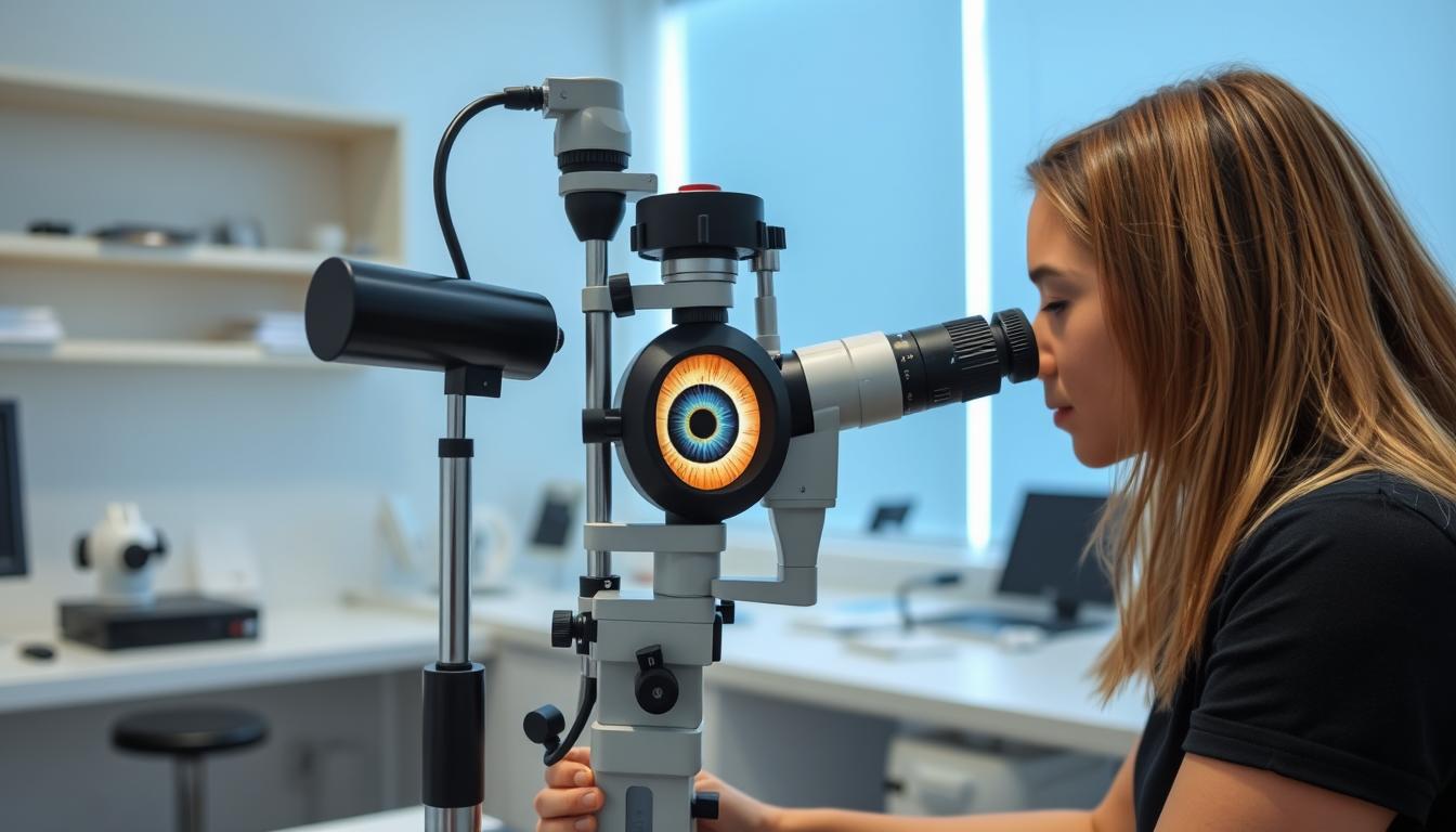 Estudiante analizando iris en una escuela de iridología, México