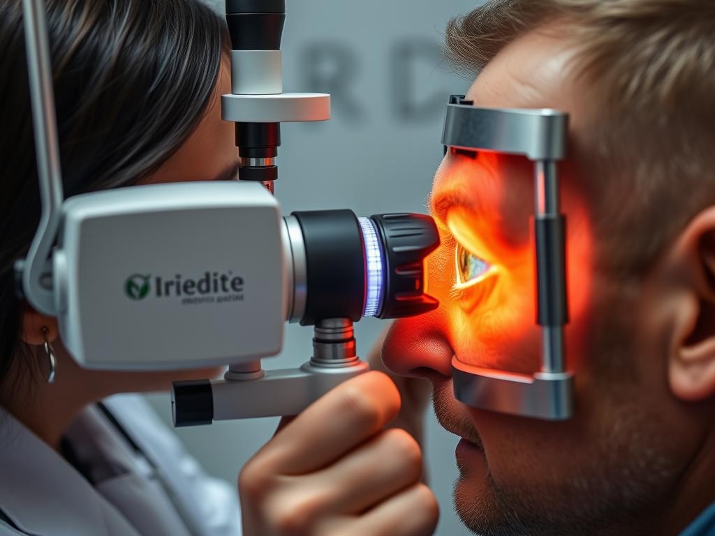 Iridologist examining a patient's iris with specialized equipment