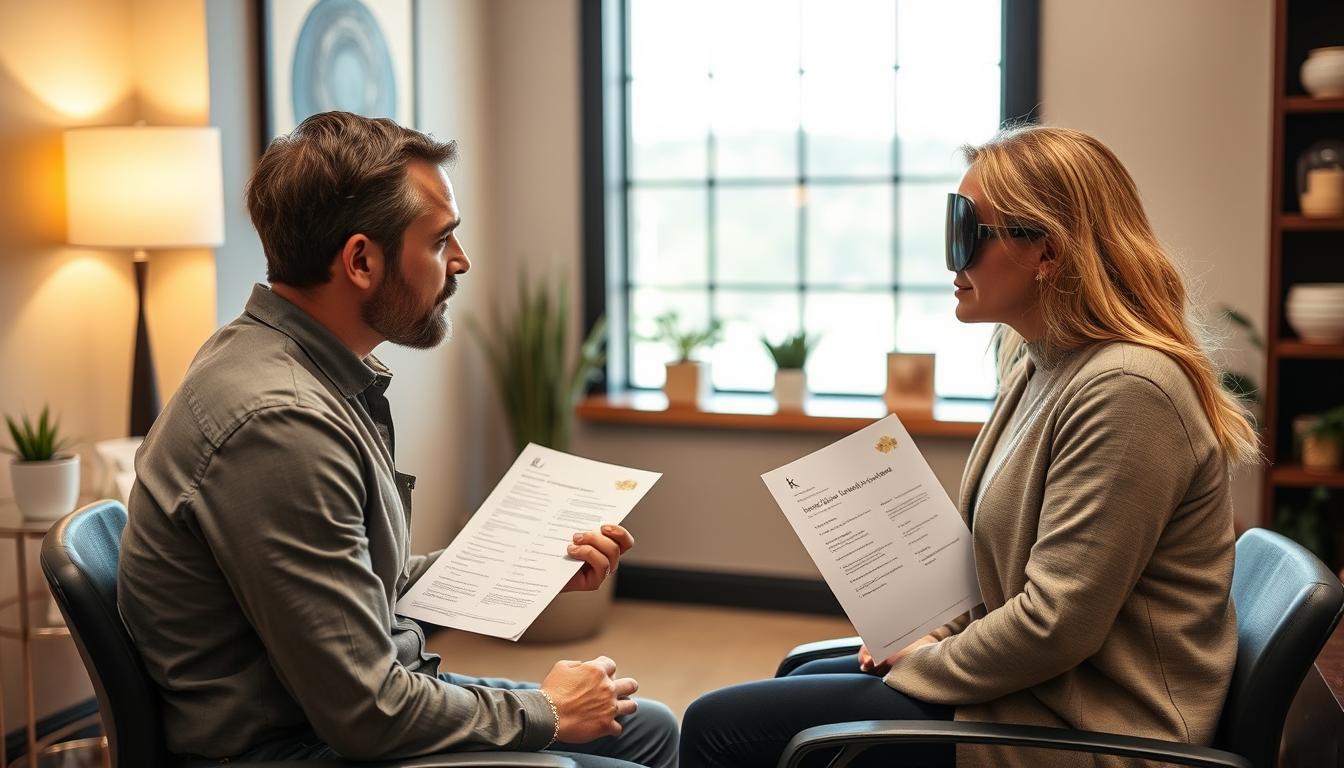 Professional iridologist consulting with a client in a wellness center