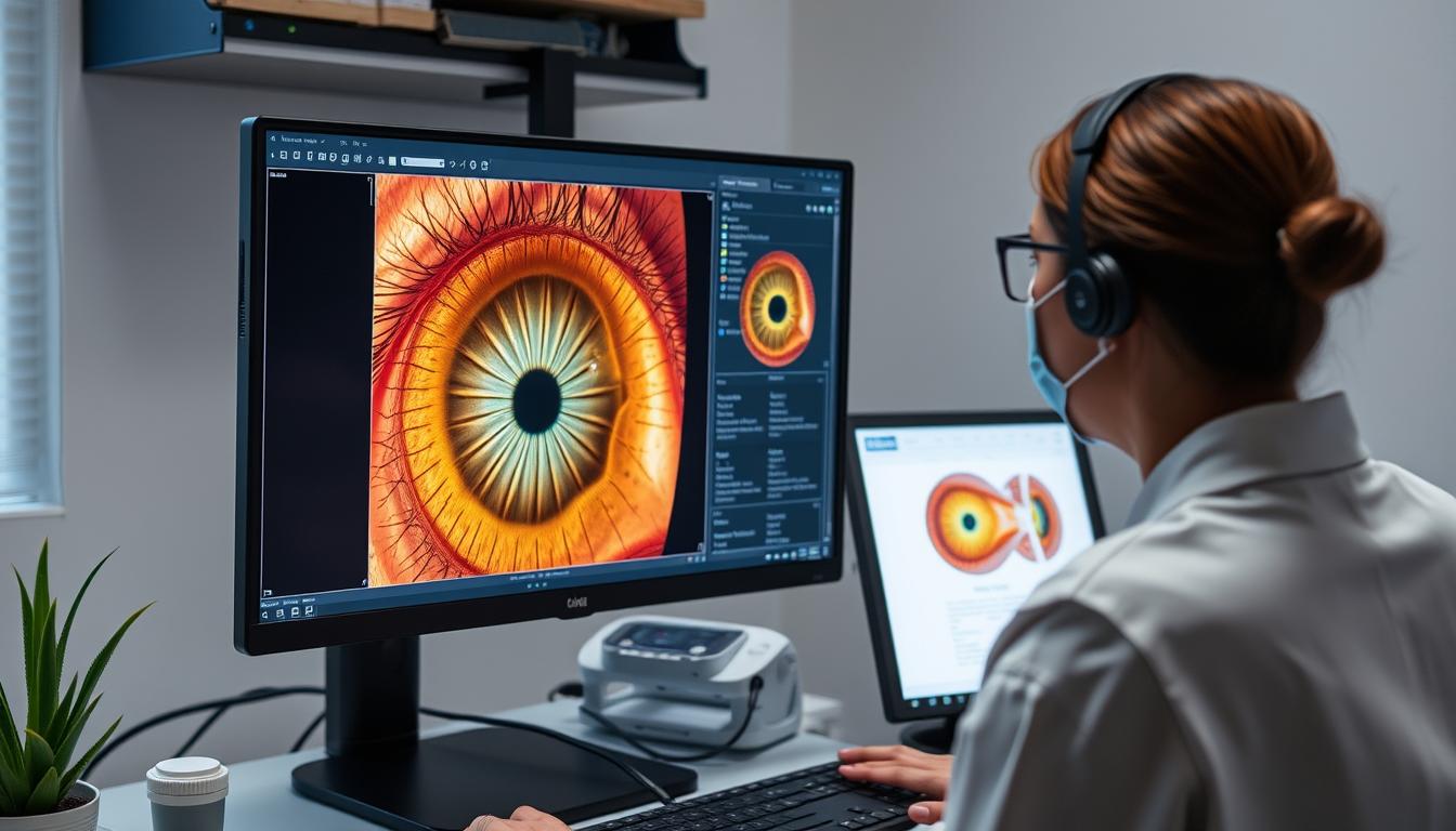 Iridologist analyzing iris photographs with specialized software for Iridology Iris Diagnosis