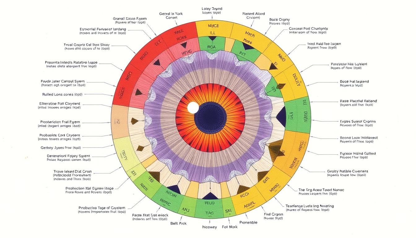 Detailed iridology chart showing different zones of the iris for Iridology Iris Diagnosis