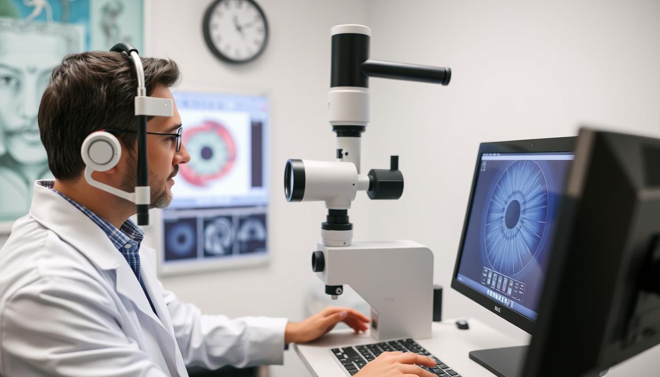 Professional iridologist using modern digital equipment for iris analysis