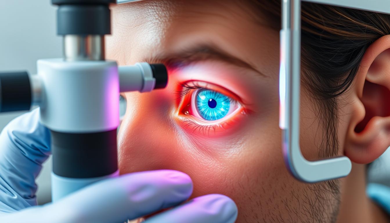Iridologist examining iris patterns using specialized equipment for Iridology Iris Diagnosis