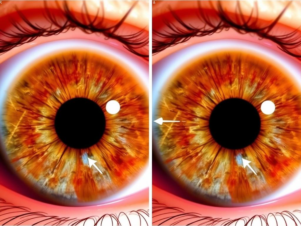 Iridology case study showing different health indicators in left and right iris patterns