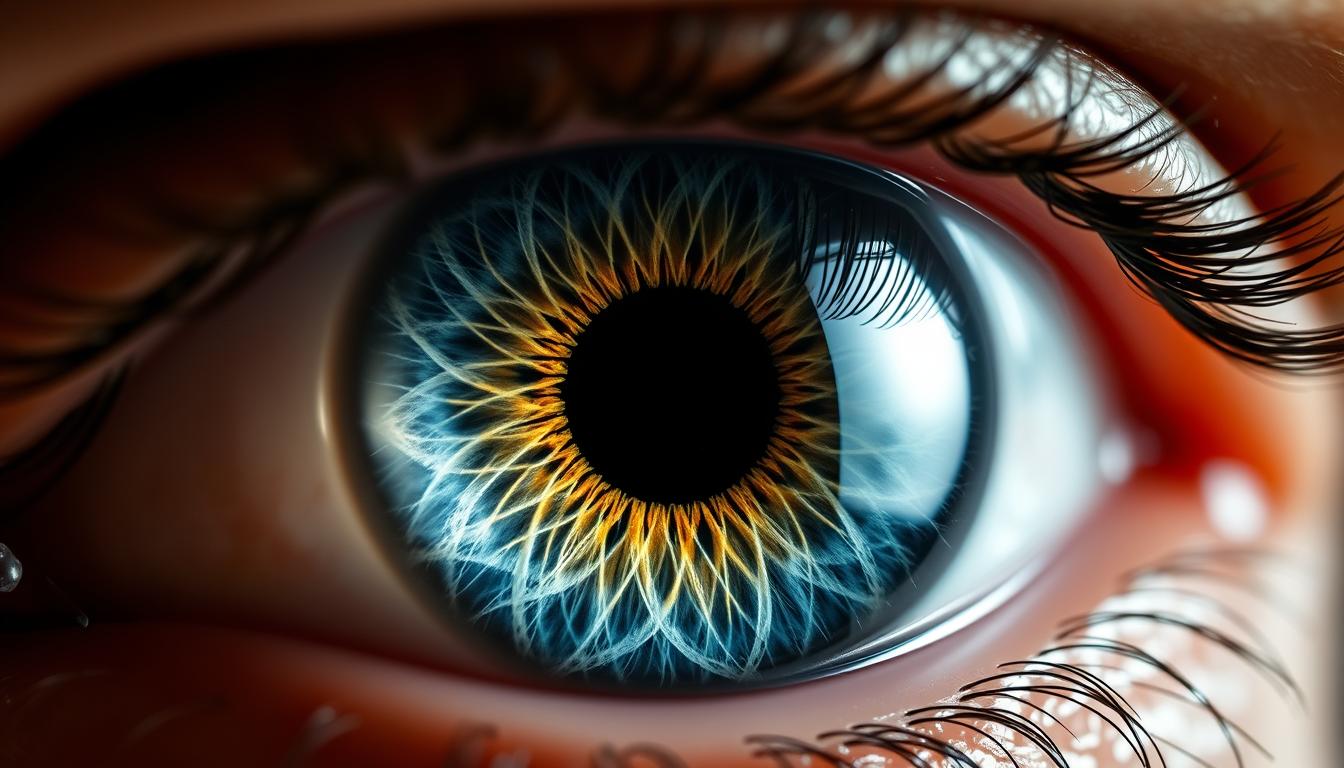 Close-up of human iris showing detailed patterns used in Iridology analysis
