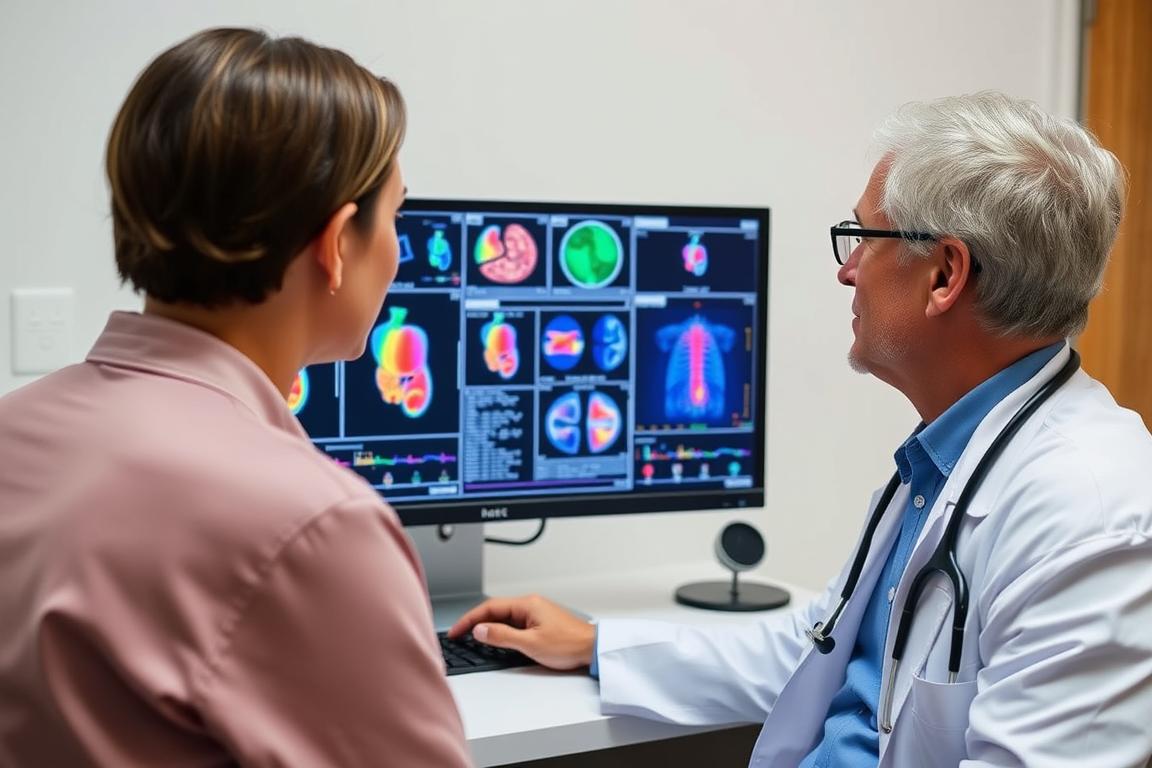Healthcare professional reviewing Metatron Hunter 4025 NLS scan results