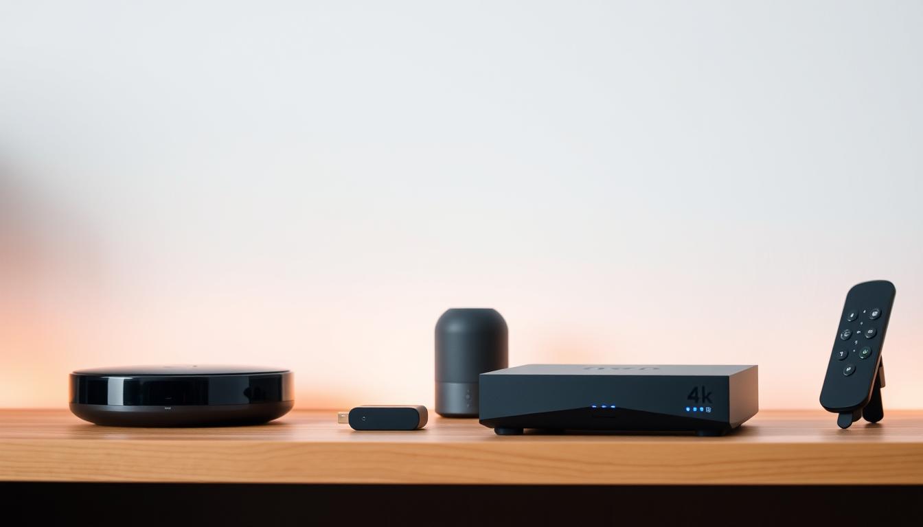 A sleek, modern home entertainment system with a wide array of streaming devices neatly arranged on a minimalist wooden shelf. In the foreground, a high-end 4K streaming box with a smooth, angular design sits prominently, its status lights softly glowing. In the middle ground, a compact HDMI dongle and a voice-controlled smart home hub blend seamlessly into the setup. The background showcases a clean, white wall accentuated by subtle, ambient lighting that creates a warm, inviting atmosphere. The overall scene conveys a sense of technological sophistication and effortless integration of top-tier streaming hardware solutions.