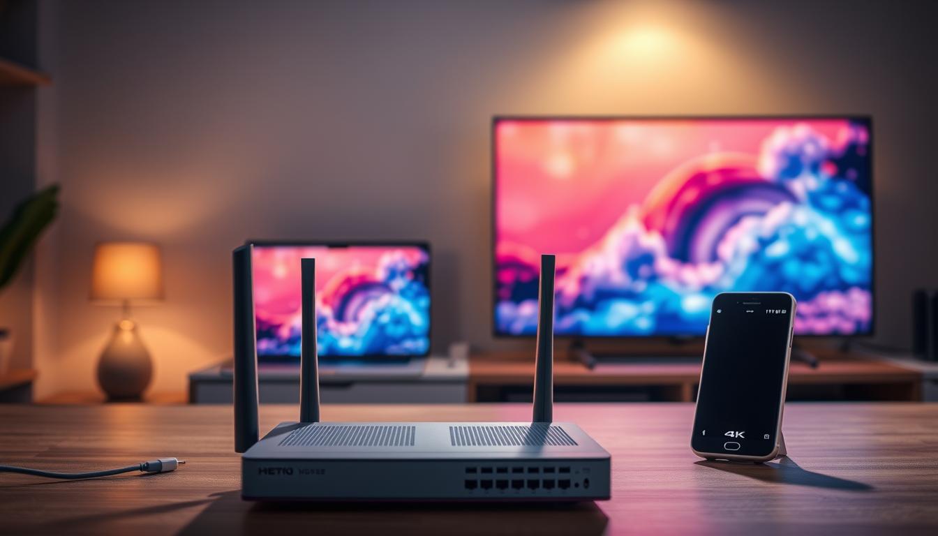 A well-lit, cinematic scene depicting various solutions to common IPTV streaming challenges. In the foreground, a sleek router and network switch symbolize improved connectivity. The middle ground features a laptop and smartphone, representing the diverse devices used for IPTV access. In the background, a 4K television displays a vibrant, high-quality video stream, highlighting the benefits of advanced streaming technologies. The scene is bathed in a warm, subtle lighting that creates a sense of professionalism and technical expertise. The overall composition conveys a visual narrative of overcoming IPTV video quality issues through thoughtful, integrated solutions.
