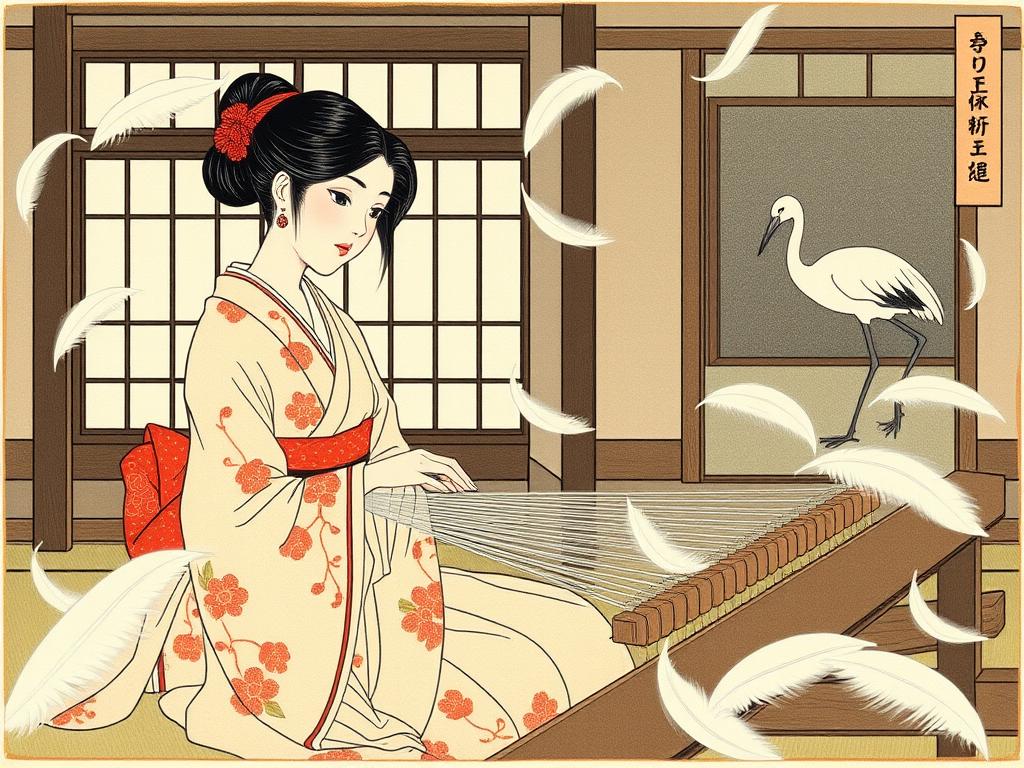 Japanese illustration of The Crane Wife, a princess and monster story variation