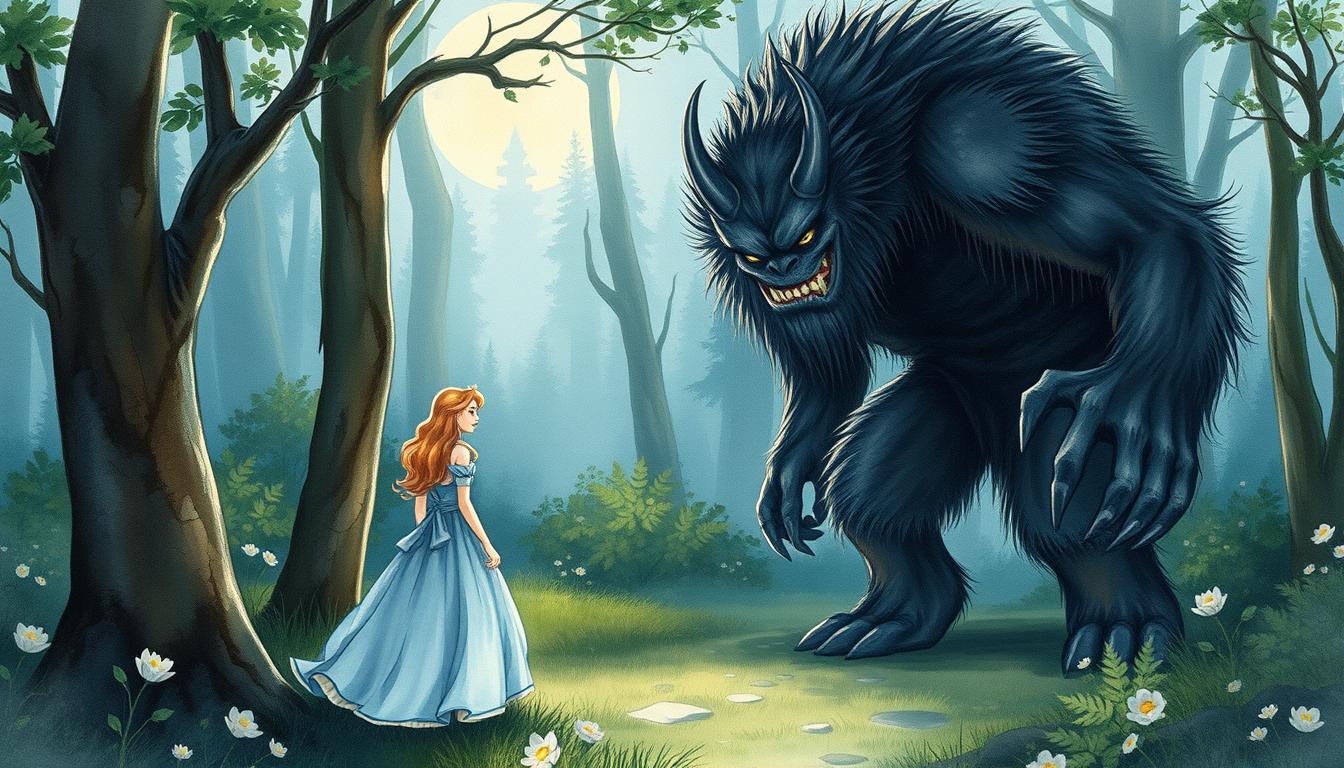 Classic illustration of a princess encountering a fearsome monster in a princess and the monster story