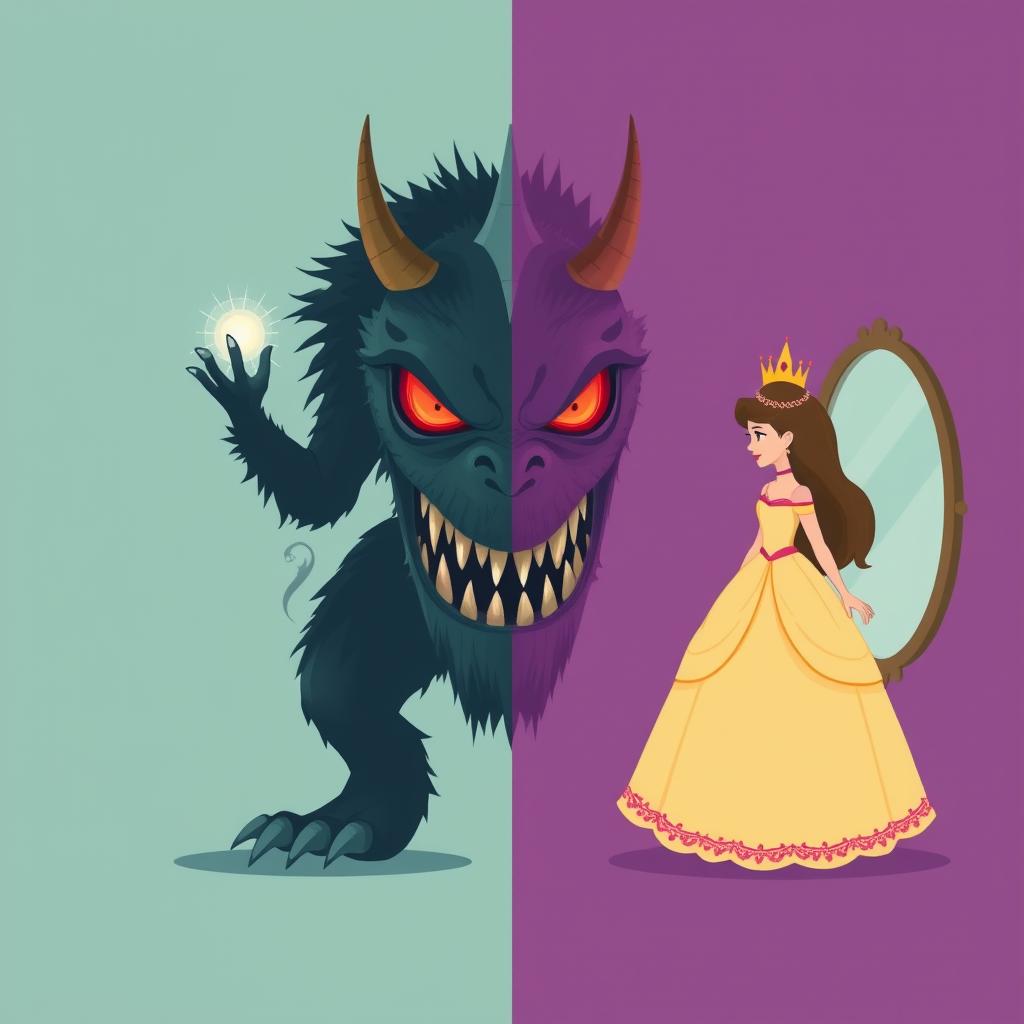 Symbolic representation of inner beauty versus outer appearance in a princess and monster story