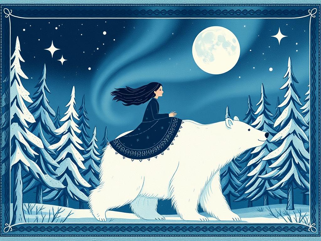 Norwegian folktale illustration of East of the Sun and West of the Moon princess and monster story