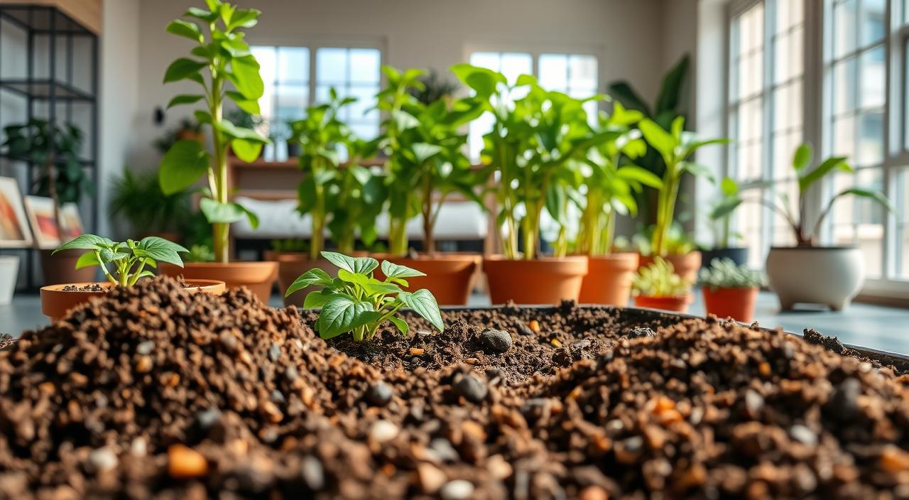 Un jardín interior bien iluminado con diversas plantas en macetas, destacando mezclas de tierra ricas en nutrientes. Las plantas en macetas de terracota se presentan saludables bajo luz suave. El ambiente minimalista y luminoso invita a disfrutar del cultivo de plantas de interior.