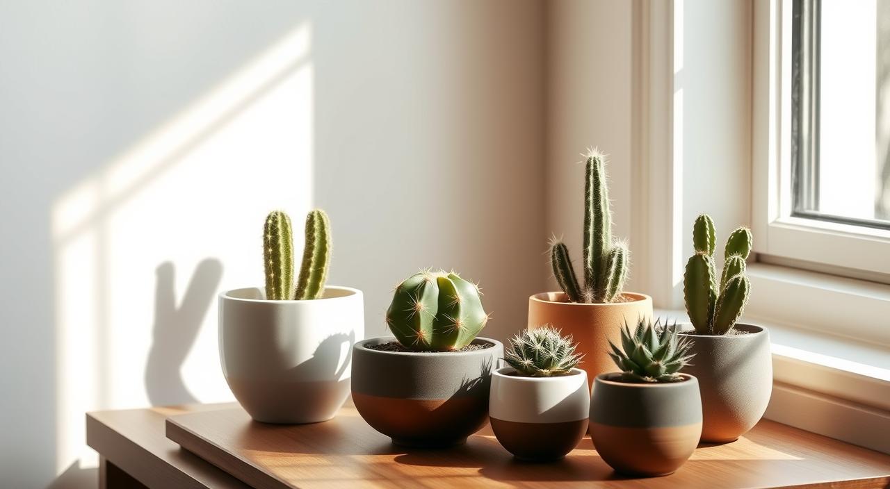 Cactus de interior y un acogedor ambiente interior con una selección de cactus, ideales para principiantes, en macetas de cerámica contemporáneas, colocadas sobre una mesa auxiliar de madera junto a una gran ventana iluminada por el sol. Los cactus presentan diversas formas y tonos de verde, y sus texturas proyectan sombras impactantes sobre la decoración minimalista. La luz suave y difusa se filtra a través de la ventana, creando un ambiente cálido y acogedor. La composición enfatiza la simplicidad y el bajo mantenimiento de estas resistentes suculentas, perfectas para quienes se inician en el mundo de las plantas y buscan un toque de verdor natural en su espacio vital.