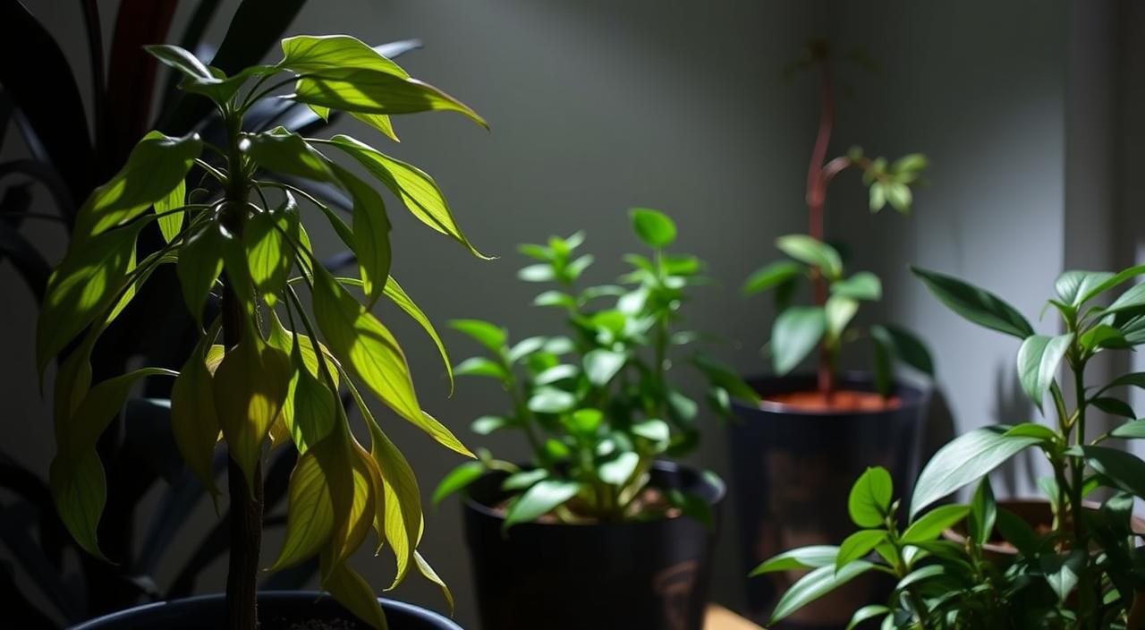 Una instalación de plantas de interior con poca luz, que muestra una variedad errores al cuidar plantas de interior. En primer plano, una planta sobrehidratada con hojas amarillentas y caídas. En el terreno medio, una planta que sufre de deficiencia de nutrientes, con crecimiento atrofiado y follaje descolorido. En el fondo, una planta en una maceta demasiado pequeña, luchando por prosperar.