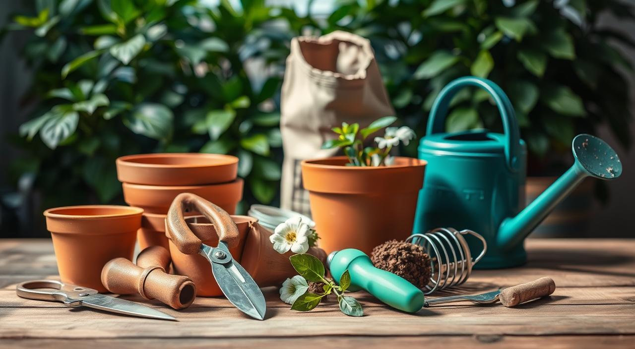 Bodegón detallado con herramientas esenciales de jardinería para trasplantar plantas de interior, dispuestas sobre una superficie de madera con luz natural. En primer plano se muestran macetas de terracota, tijeras de podar, una paleta y un cultivador manual. En segundo plano, una bolsa de tierra para macetas y una regadera. Al fondo, un exuberante fondo de plantas de interior crea una atmósfera serena y natural. La iluminación es suave y difusa, resaltando las texturas y los materiales de las herramientas. El ángulo de la cámara está ligeramente elevado para crear una composición organizada y visualmente atractiva que muestra los utensilios necesarios para trasplantar delicadamente las plantas de interior.