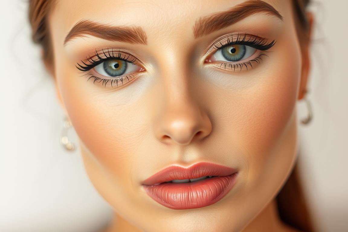 Sleek and elegant permanent makeup application, showcased in a soft-focus close-up. Delicate, precisely-drawn brows frame the eyes, with subtle, natural-looking eyeliner and lush, perfectly-shaped lashes. The lips are accentuated with a harmonious, long-lasting lip tint, creating a flawless, low-maintenance look. Warm, diffused lighting highlights the skin's luminous, even texture, conveying a sense of timeless beauty. Captured with a medium-format camera lens, the image exudes a sense of intimate, high-end professionalism, reflecting the artistry and care behind permanent makeup techniques.