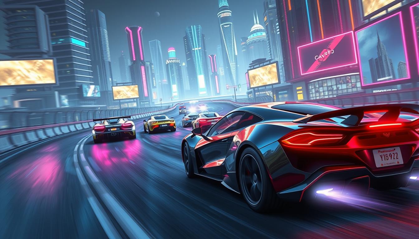 A futuristic scene depicting a physics-based racing game, showcasing various vehicles interacting with dynamic physical environments. The foreground features a sleek, high-performance sports car in motion, its tires gripping the road as it navigates a winding, neon-lit track. In the middle ground, a collection of other vehicles, each with unique designs and capabilities, engage in a thrilling race, their movements influenced by realistic physics simulations. The background depicts a cityscape of towering skyscrapers and holographic billboards, creating a sense of a technologically advanced world. Lighting is dramatic, with vibrant neon accents and subtle lens flares, heightening the sense of speed and excitement. The overall mood is one of awe-inspiring, cutting-edge technology blended with the thrill of competitive racing.