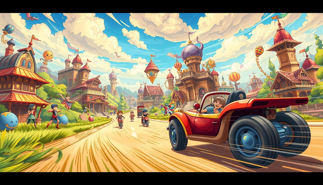 A dynamic, hand-drawn game environment filled with vibrant colors and whimsical details. The foreground features a playful, cartoon-style car racing across the scene, its wheels and body capturing a sense of speed and movement. In the middle ground, a variety of expressive, animated characters engage in the game, their gestural poses and reactions adding energy and personality. The background offers a richly textured, imaginative landscape, with imaginative buildings, fantastical elements, and a stylized sky that evokes the visual style of the game. Warm, dynamic lighting enhances the overall mood, creating a cohesive, immersive experience that captures the essence of the game's visuals and atmosphere.