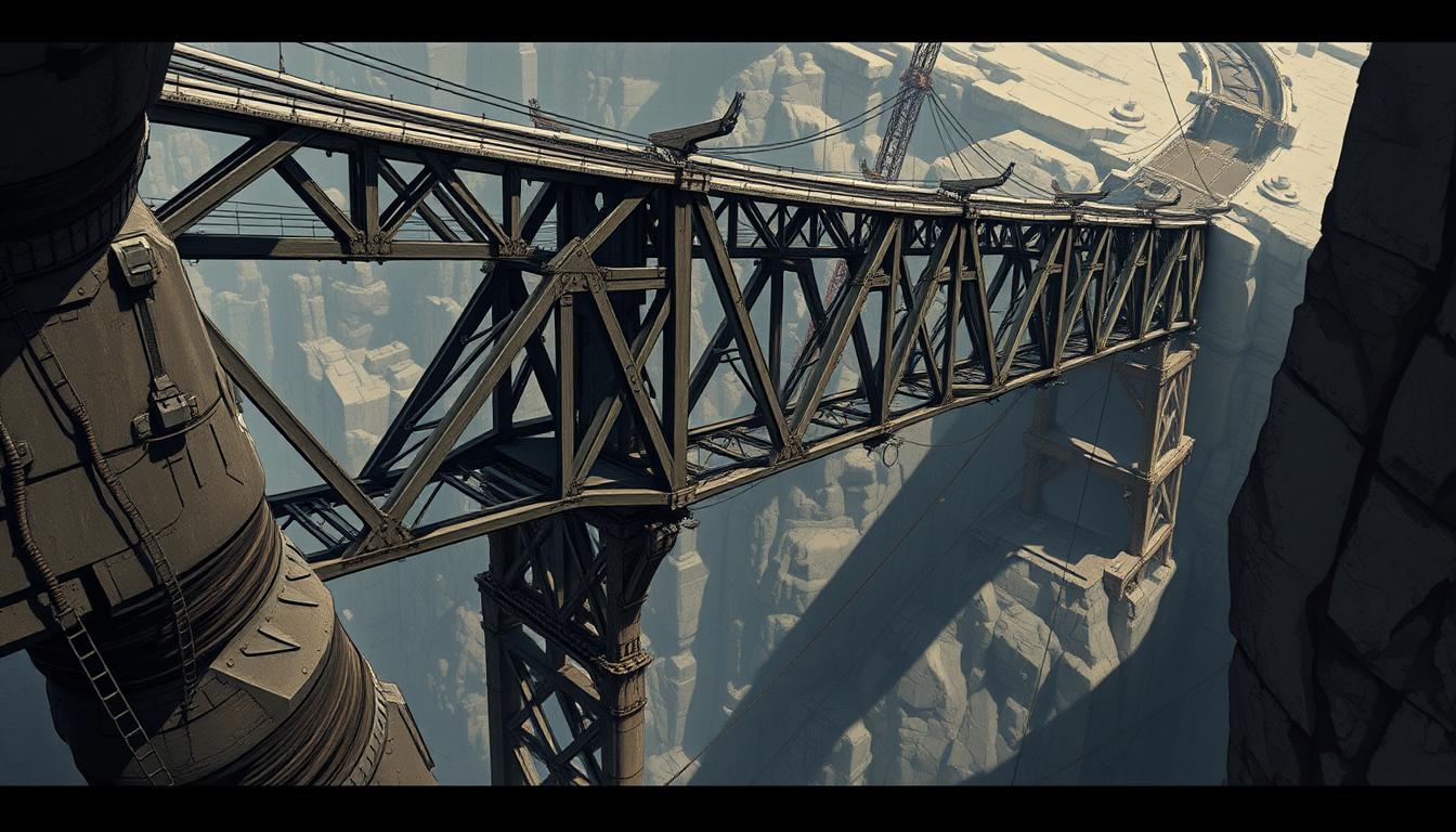 A detailed, photorealistic digital painting of a challenging bridge-building scenario in the game &quot;Draw Deadly Descent&quot;. The scene depicts a precarious, multi-leveled bridge structure spanning a deep chasm, with sharp angles, intricate supports, and a complex, interweaving design. The bridge is rendered in a gritty, industrial style, with a muted color palette of grays, browns, and metallic hues. The lighting is dramatic, casting shadows and highlights that accentuate the structure's stark, angular geometry. The camera angle is slightly elevated, providing an optimal view of the bridge's construction and the surrounding environment, which appears to be a barren, rocky landscape. The overall mood is one of tension and strategic challenge, fitting the game's high-stakes, physics-based vehicle driving mechanics.
